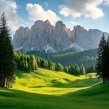 beautiful mountain landscape with green grass and trees photo