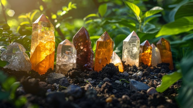 Array of vary healing crystals displayed in soil among green foliage. Cleansing energy of gemstones, spiritual ritual photo
