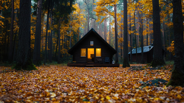 Cozy Autumn Cabin in the Woods Illuminated at Dusk Fall Foliage photo