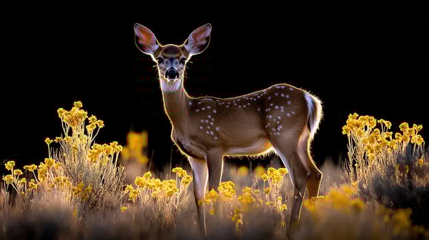 Majestic White tailed Deer Fawn Amidst Golden Wildflowers at Sunset photo