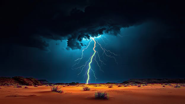 Dramatic Desert Lightning Storm Night Sky Thunderclouds and Sand Dunes photo