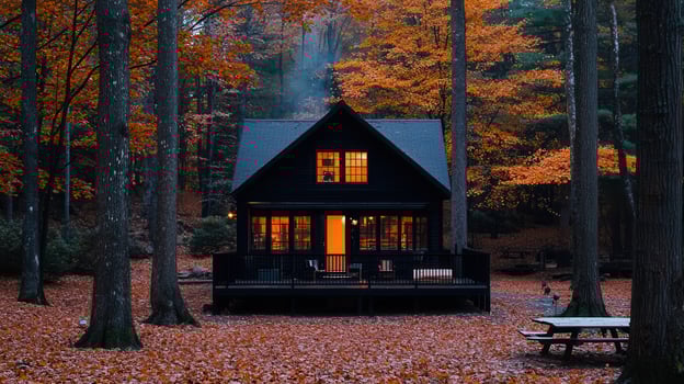 Cozy Autumn Cabin in Woods Illuminated Windows Fall Foliage photo