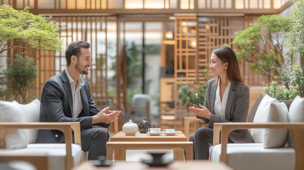 A professional man and woman have a business discussion over tea in a stylish, modern office with elegant decor and greenery. photo
