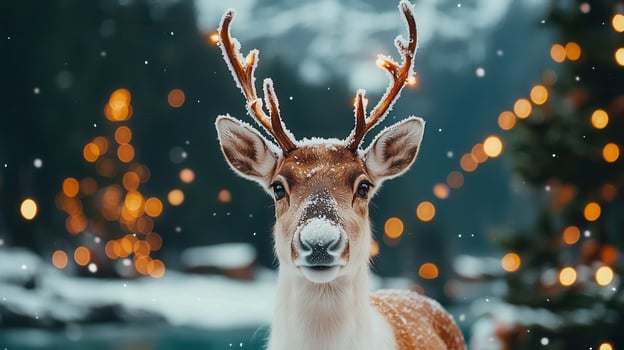 Festive Reindeer Portrait Winter Wonderland with Snow and Lights photo