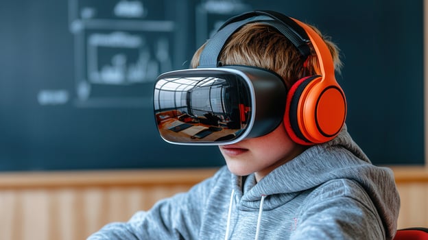 Immersive Virtual Reality Experience Boy with VR Headset and Headphones in Classroom photo