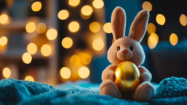 Adorable bunny holding a golden egg. photo