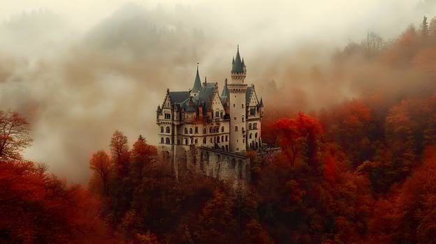 Majestic Neuschwanstein Castle surrounded by Colorful Autumnal Foliage and Mystical Fog photo