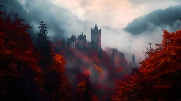 Enchanting medieval castle veiled in mysterious fog surrounded by vibrant autumn foliage. photo