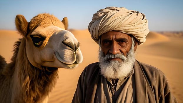 An old man with a turban and camel in the desert photo