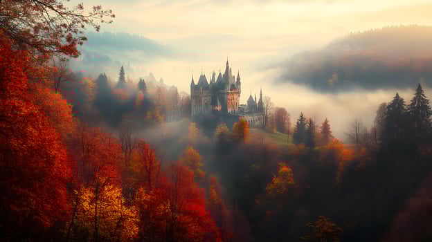 An Autumnal Enchantment Fairytale Castle Nestled Among Mountains and Golden Foliage photo