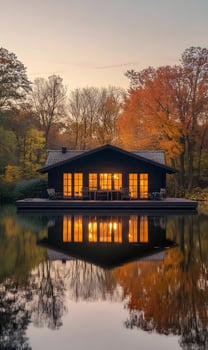 Idyllic lakeside cabin retreat at sunset, reflecting on the calm water surface perfectly photo
