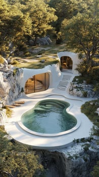 A modern luxurious house nestled in a natural environment features unique architectural elements, elegant circular pool photo