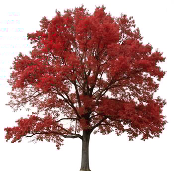 Vibrant red oak tree with rich red leaves against a white background, ideal for autumn themed visuals, fall foliage, and natural beauty photo