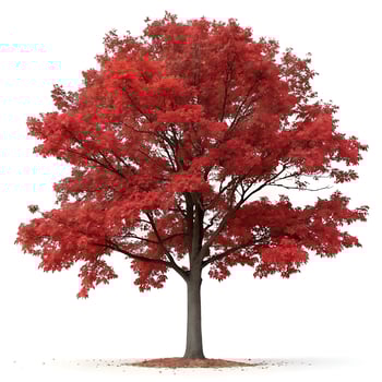 A full red oak tree with fiery red leaves during autumn, standing tall and isolated on a clean white backdrop, perfect for nature and seasonal photography photo