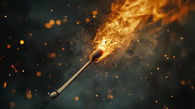 A fiery match stick bursts into flame, illuminating the darkness with a bright light, surrounded by embers and smoke. photo