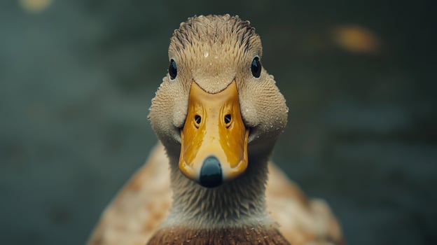 Direct gaze from a wet duck with droplets on its head, featuring a prominent yellow beak and a blurry water backdrop. photo