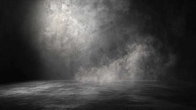 Eerie illuminated concrete room interior, casting ominous shadows. Fog adds to the mysterious and atmospheric setting of the scene. photo