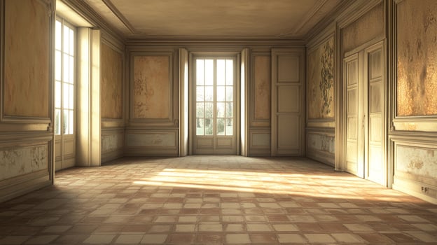 Sunlit empty room with tiled floor, antique walls, and a bright window, evoking a sense of history and calm. photo