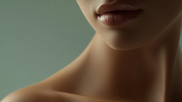 Close-up of woman's lips, neck, and shoulder showcasing smooth skin in a soft, elegant light. Focus is on beauty, skincare, and self-care. photo