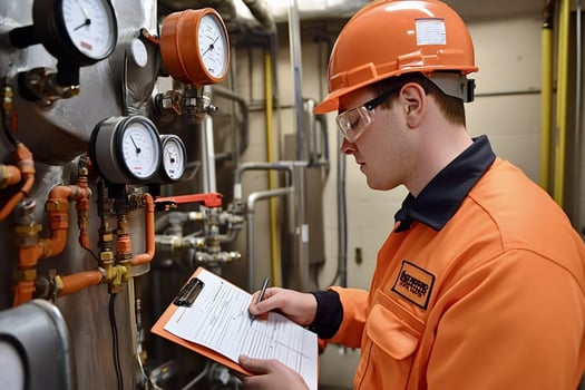 Technician inspecting pressure gauges and pipes in industrial plant photo