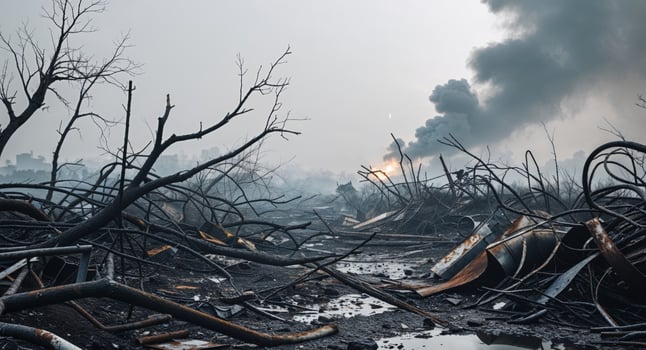 A view of a destroyed forest with smoke coming out of it photo