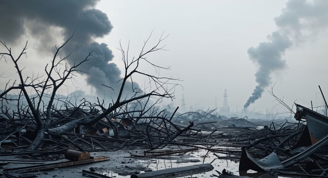 A view of a destroyed city with smoke coming out of the chimneys photo