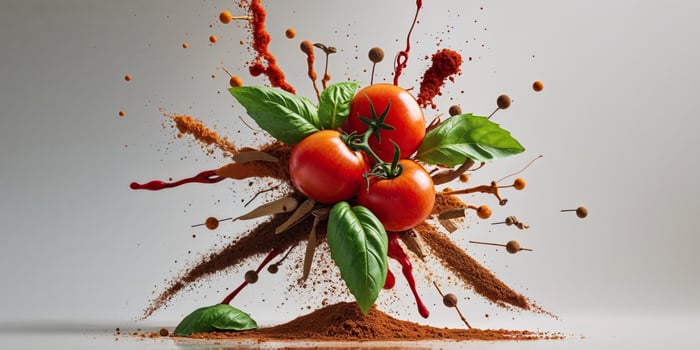 Tomatoes and spices are being thrown into the air photo