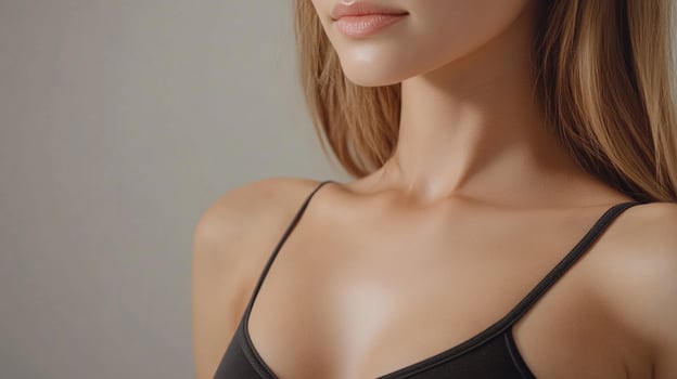 Close-up of woman's face and upper torso, emphasizing skin texture and light. Focus on skincare and beauty. Neutral background. photo