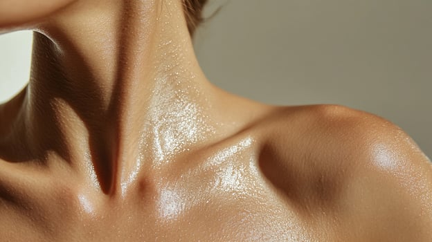 Close-up captures the glistening skin of a woman's neck and shoulders, radiant with a natural, dewy glow under soft, diffused lighting. photo