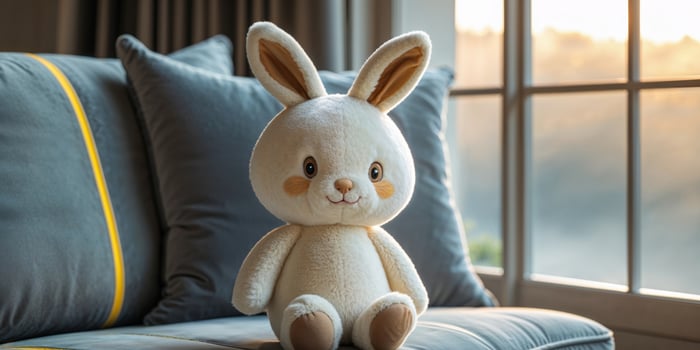 Cute plush bunny toy sitting on a cozy couch near a window. photo