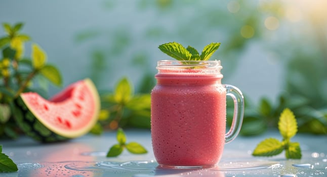 Refreshing Watermelon Smoothie in a Jar Surrounded by Greenery photo
