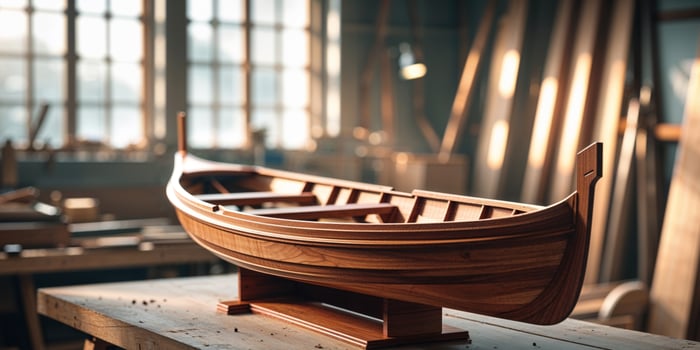 Intricate wooden boat model displayed in a workshop with natural light illuminating craftsmanship. photo