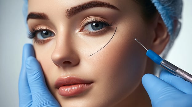 Close-up of a woman undergoing a cosmetic procedure, showing a marked face and a medical tool being used by a gloved professional. photo
