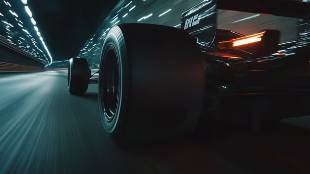 Sleek racing car speeds through a modern tunnel, with focus on wheels and blurred motion enhancing the high-speed sensation. photo
