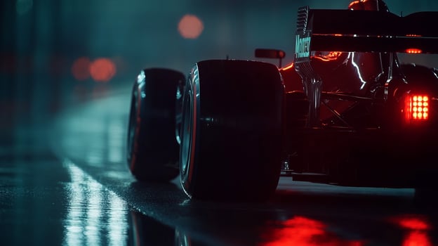 Race car tires and tail lights in the rain on a city street, creating vibrant reflections and a dynamic scene, highlighting automotive power. photo