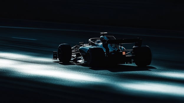 Sleek racing car speeding across a dark track, its silhouette sharply defined against the diffused light, conveying speed and agility. photo