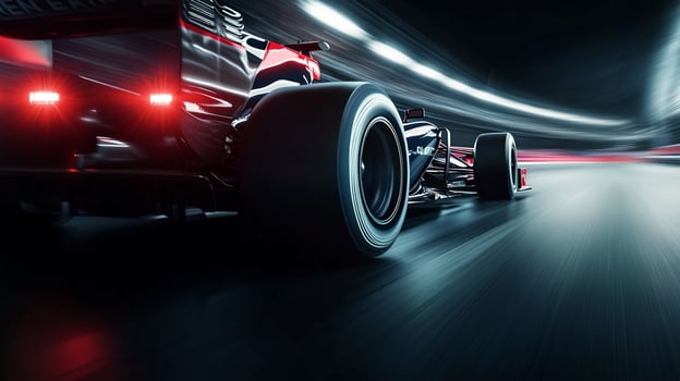 Racecar streaks by under tunnel lights. Blurring speed and cutting through the darkness. Fast and furious motion for the win. Adrenaline fuel. photo