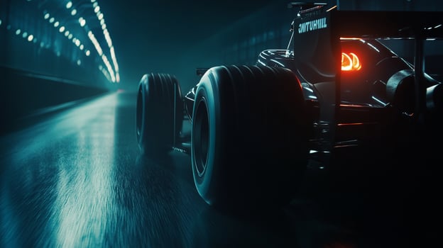 Racecar speeding through a tunnel, rear view emphasizes speed. Dark and intense, evoking a sense of adrenaline and competition. photo