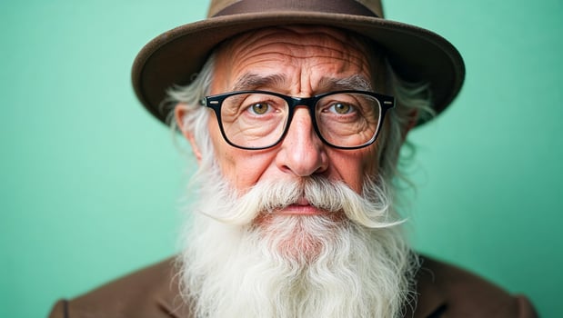 Portrait of stylish senior man wearing hat and glasses with turquoise background photo