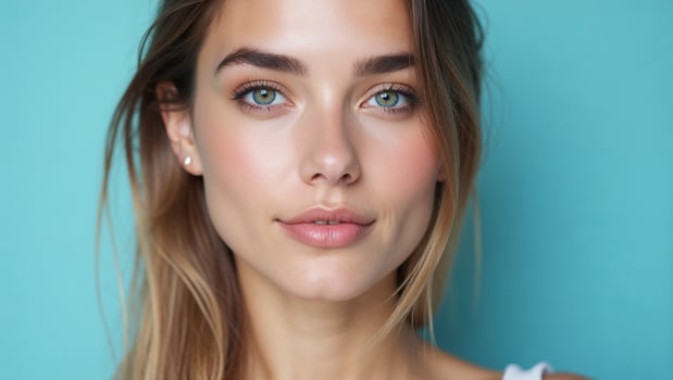 Beautiful woman with long blond hair and blue eyes posing on turquoise background photo