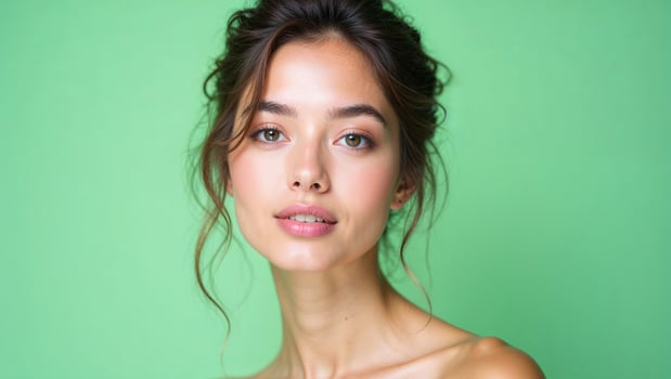 Beautiful model posing with healthy skin and hair on green background photo