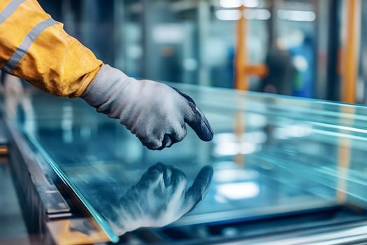 Factory worker inspecting glass pane on production line photo
