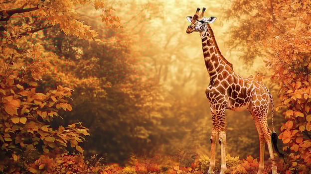 Giraffe portrait standing tall in an autumnal colored forest with leaves of brown, yellow, and orange tones for a natural scenic view. photo