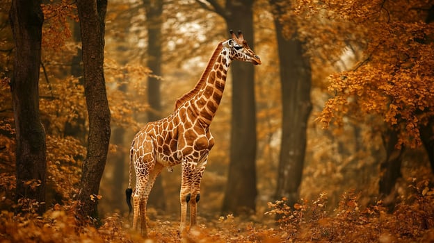A giraffe stands gracefully amid a serene forest with autumn foliage, blending with the earthy tones of the trees and fallen leaves. photo