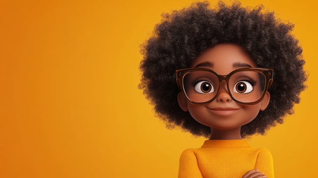 Cute cartoon girl with afro, wearing glasses, smiling. The background is a solid yellow and the girl has her arms crossed. photo