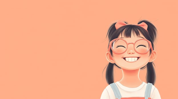 A cheerful young girl with glasses smiles broadly, radiating joy and happiness against a soft peach-colored backdrop. photo
