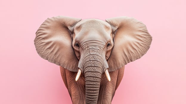 Elephant portrait with wide ears and tusks. Soft lighting enhances the gentle facial features against a pastel pink background. photo