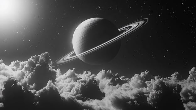 Monochrome planet with prominent rings rises above a blanket of clouds in a star-filled sky, rendered in stark grayscale. photo