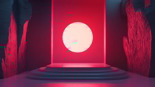 A minimalist stage bathed in red light, featuring a circular light source and contrasting rough rock textures, creating a surreal atmosphere. photo