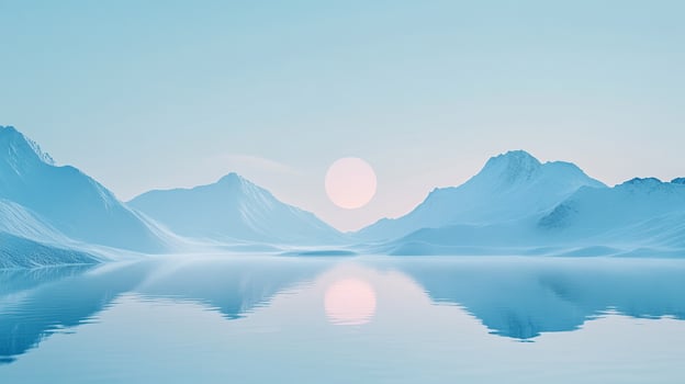Snowy mountain range reflecting in a serene lake beneath a pastel sky. A tranquil landscape. Light blue tones dominate the scene. photo
